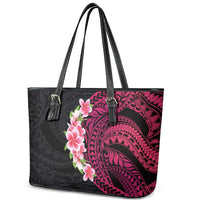 Hawaiian Tropical Plumeria Art Polynesian Tattoo Leather Tote Bag Black and Bright Pink Color