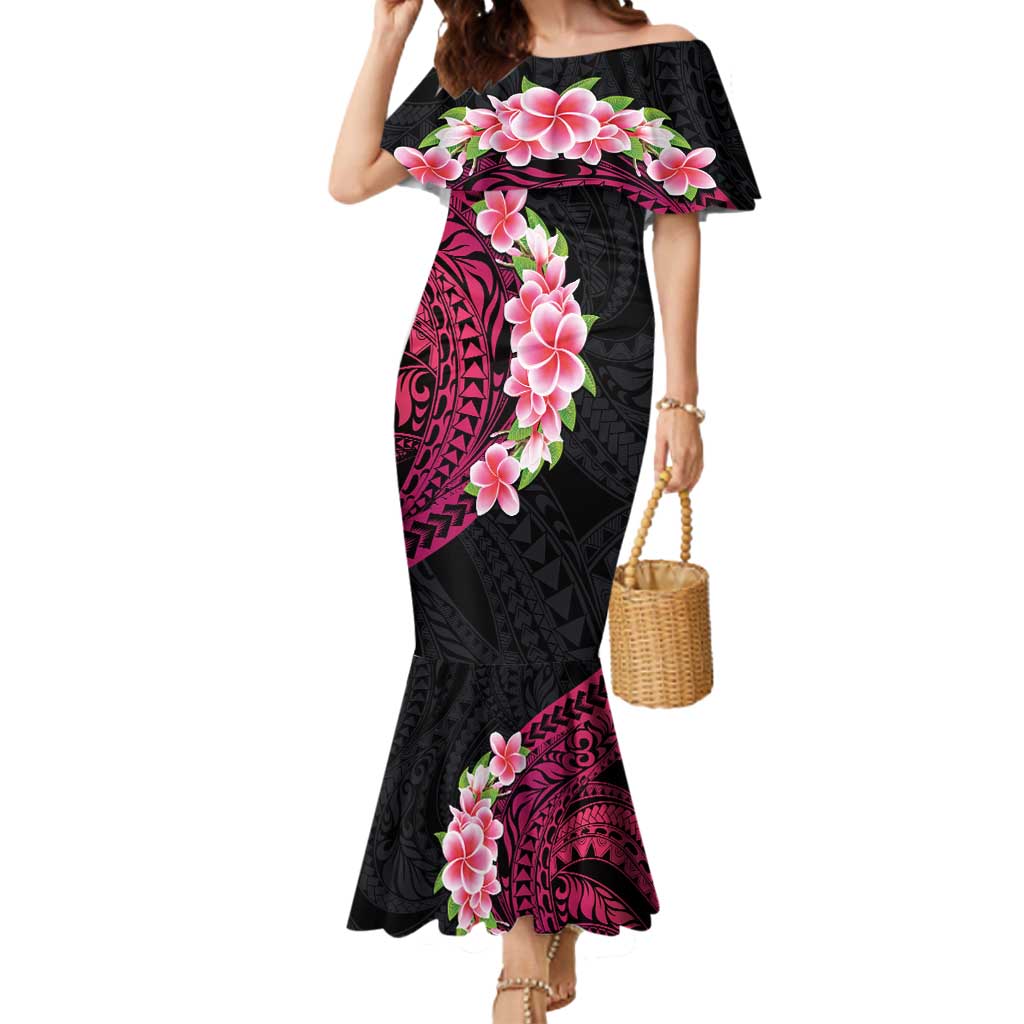 Hawaiian Tropical Plumeria Art Polynesian Tattoo Mermaid Dress Black and Bright Pink Color