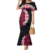 Hawaiian Tropical Plumeria Art Polynesian Tattoo Mermaid Dress Black and Bright Pink Color