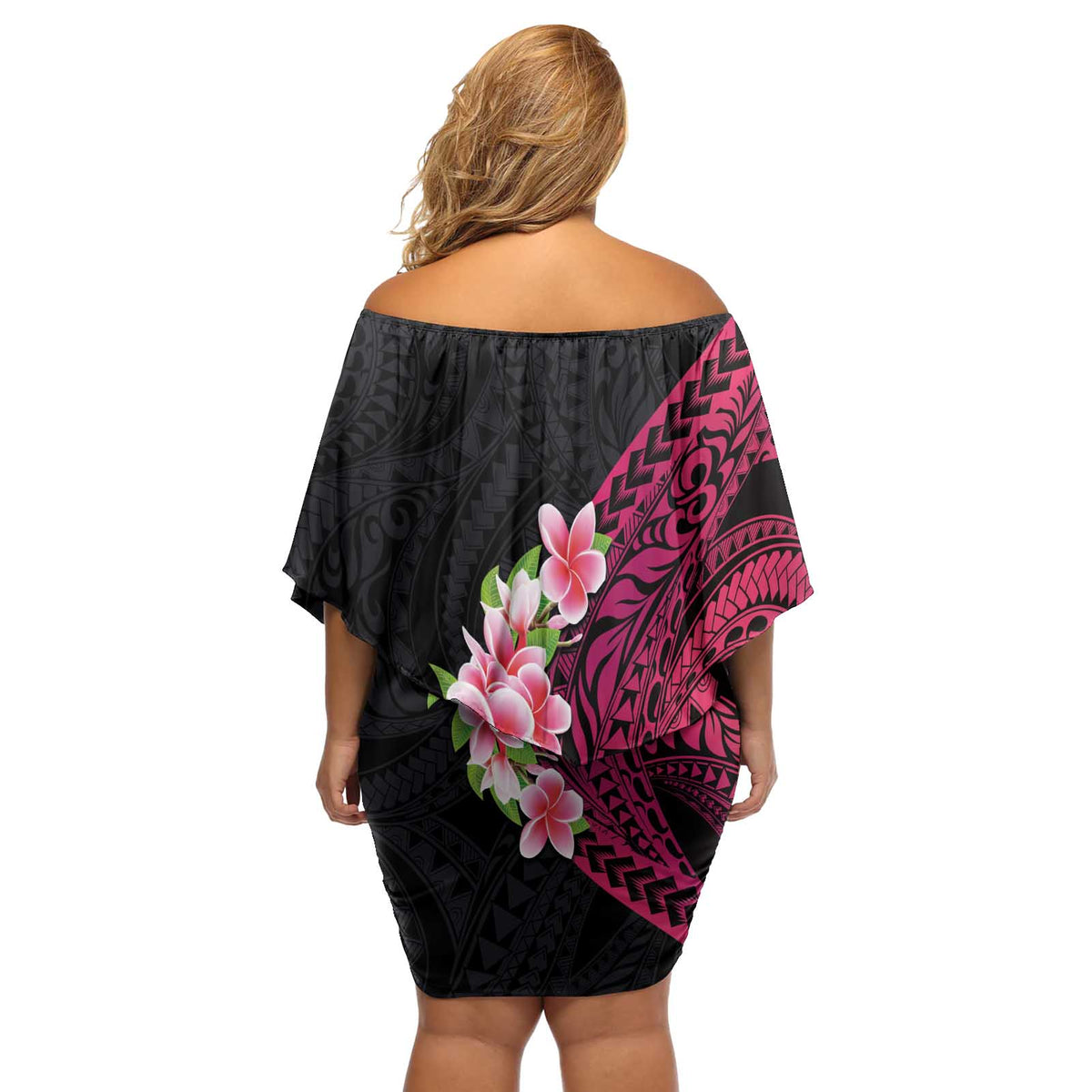 Hawaiian Tropical Plumeria Art Polynesian Tattoo Off Shoulder Short Dress Black and Bright Pink Color