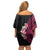 Hawaiian Tropical Plumeria Art Polynesian Tattoo Off Shoulder Short Dress Black and Bright Pink Color