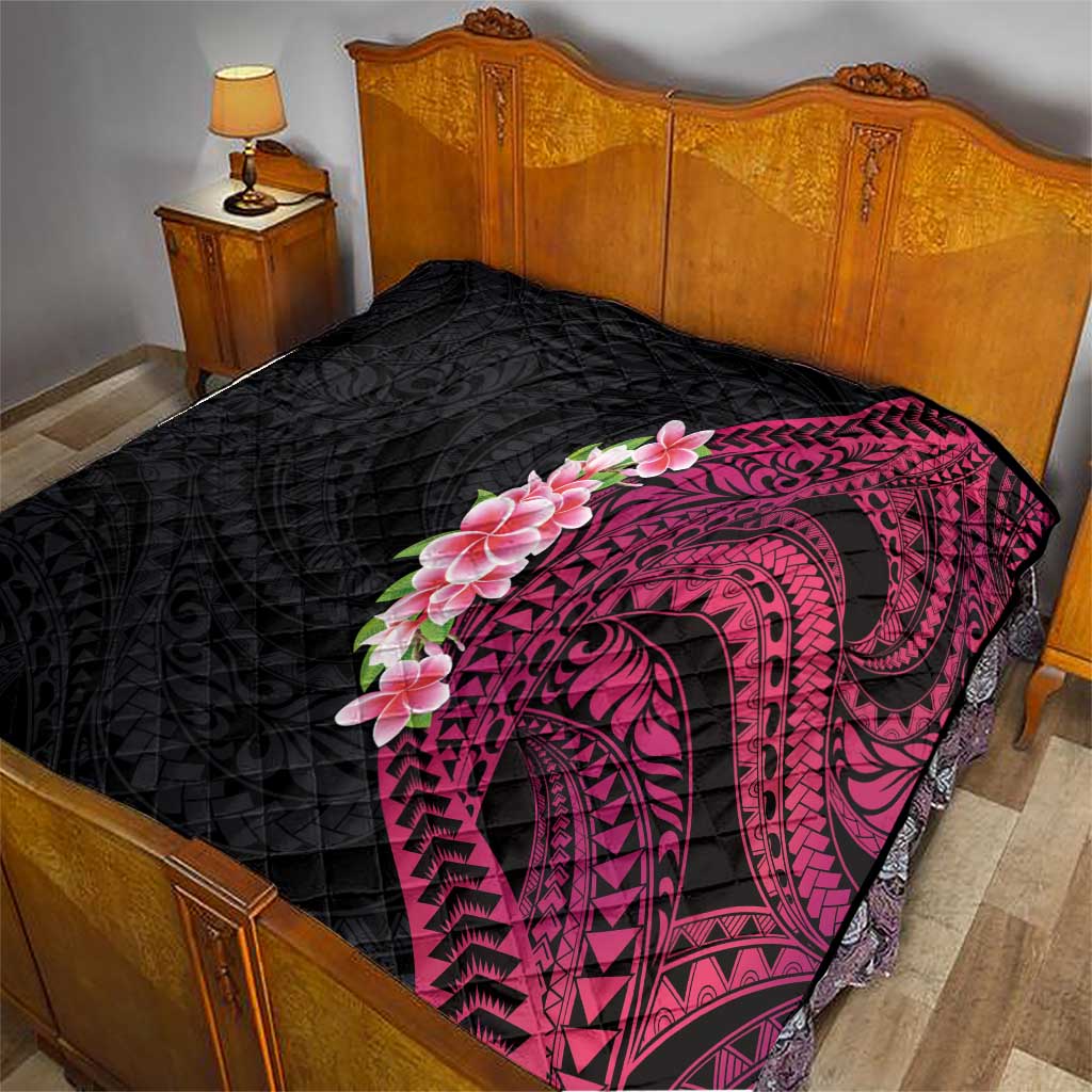 Hawaiian Tropical Plumeria Art Polynesian Tattoo Quilt Black and Bright Pink Color