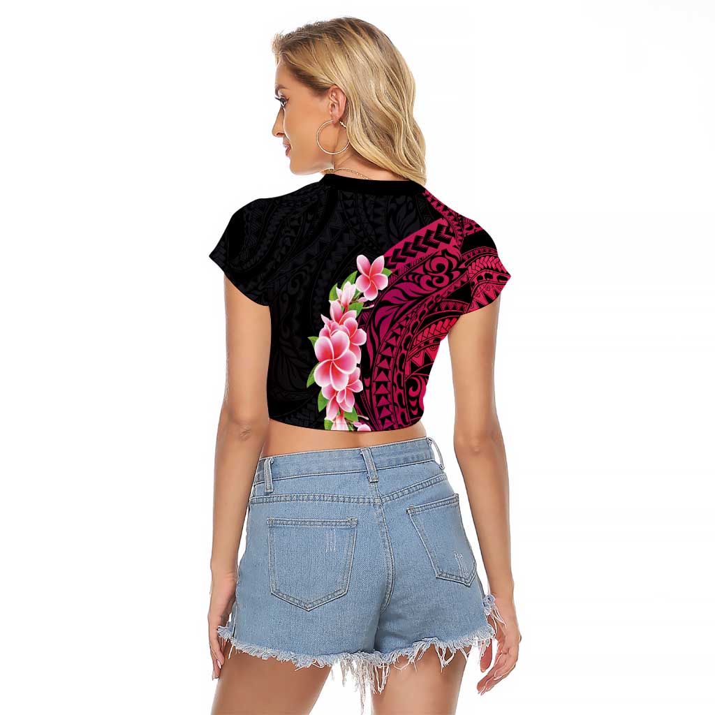 Hawaiian Tropical Plumeria Art Polynesian Tattoo Raglan Cropped T Shirt Black and Bright Pink Color