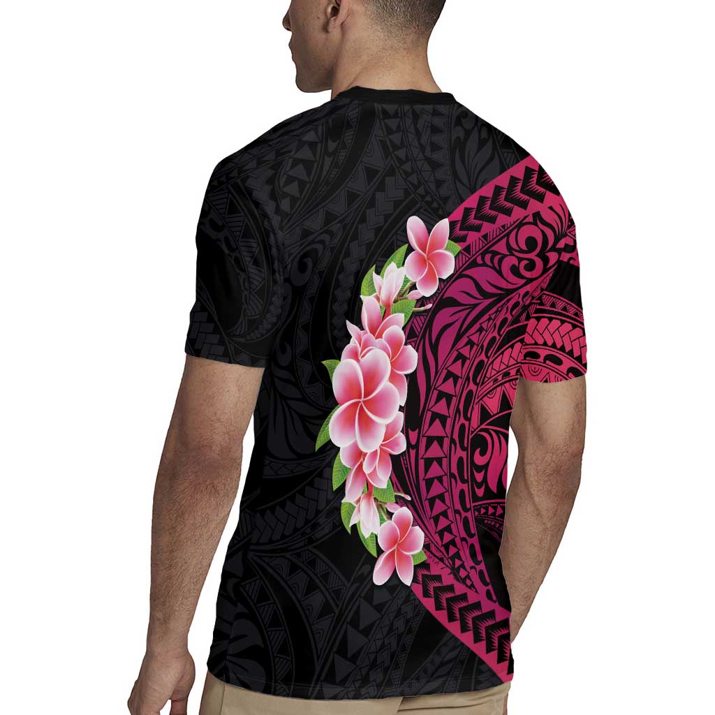 Hawaiian Tropical Plumeria Art Polynesian Tattoo Rugby Jersey Black and Bright Pink Color LT03 - Polynesian Pride