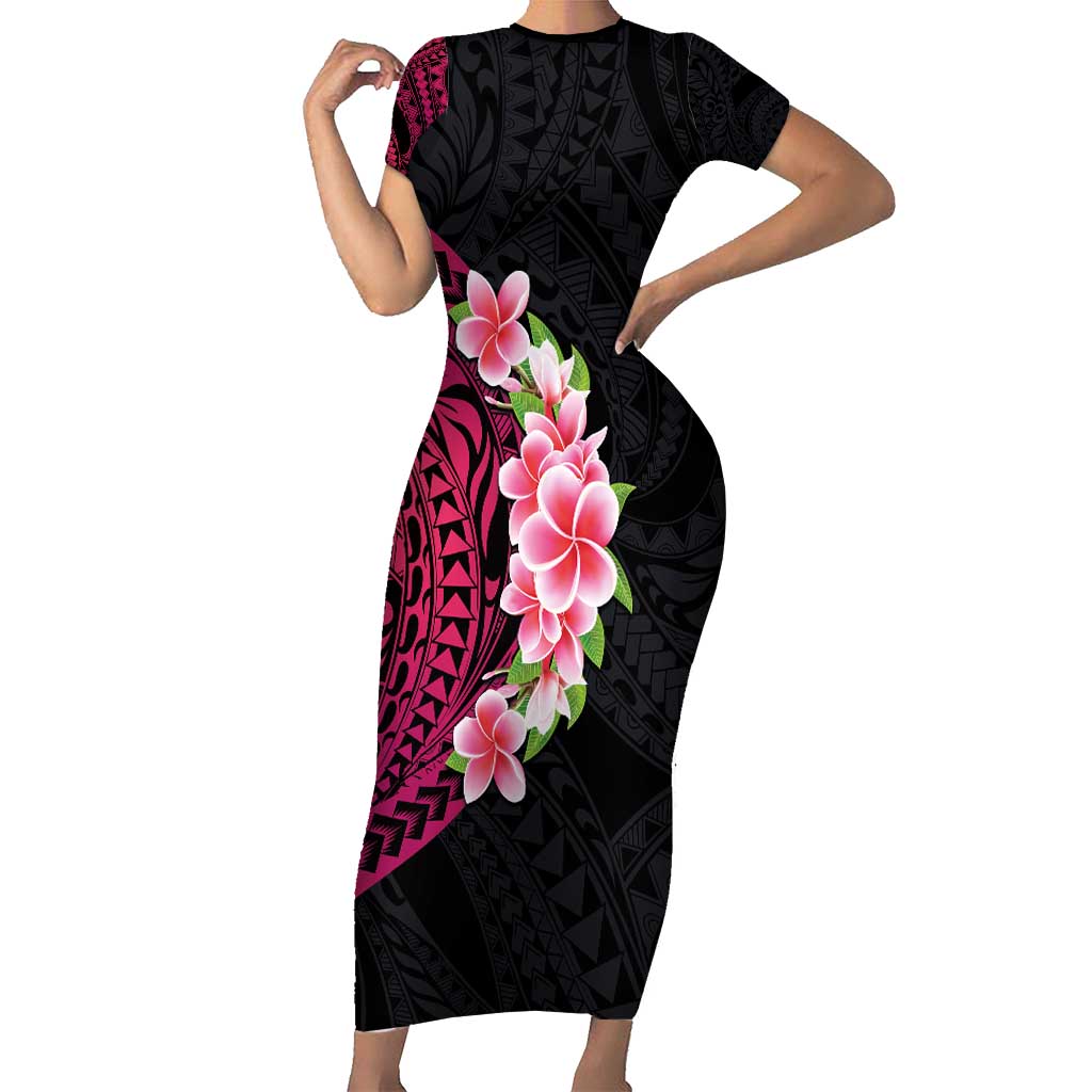 Hawaiian Tropical Plumeria Art Polynesian Tattoo Short Sleeve Bodycon Dress Black and Bright Pink Color