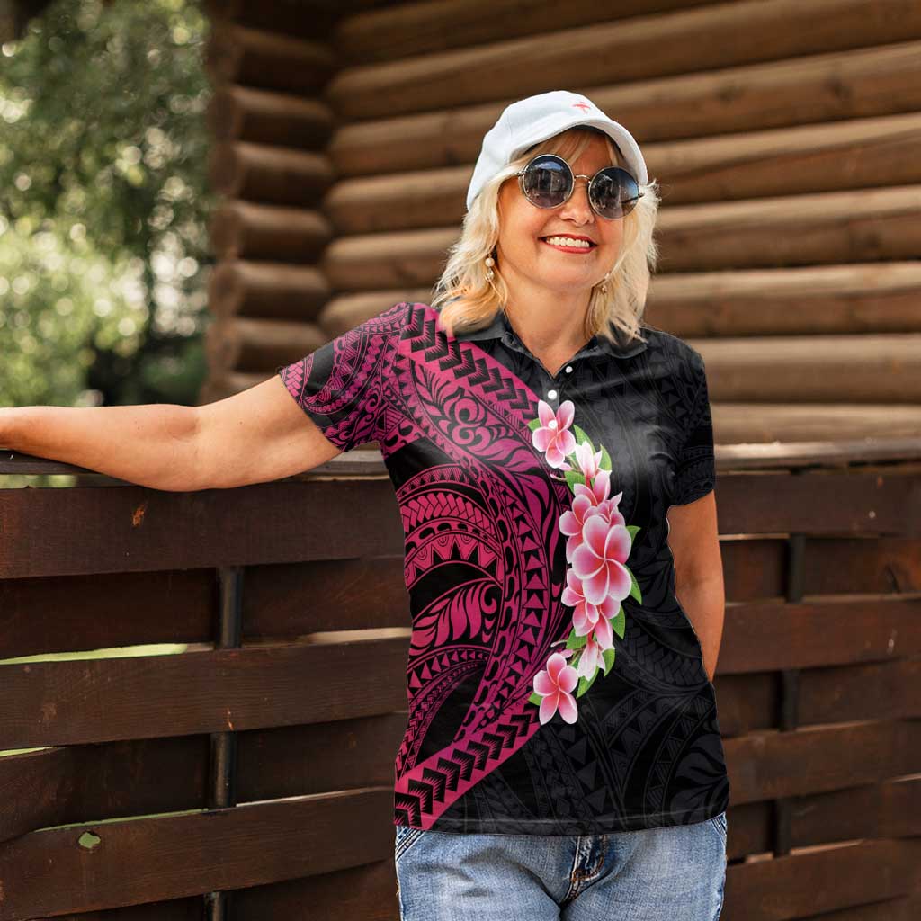 Hawaiian Tropical Plumeria Art Polynesian Tattoo Women Polo Shirt Black and Bright Pink Color
