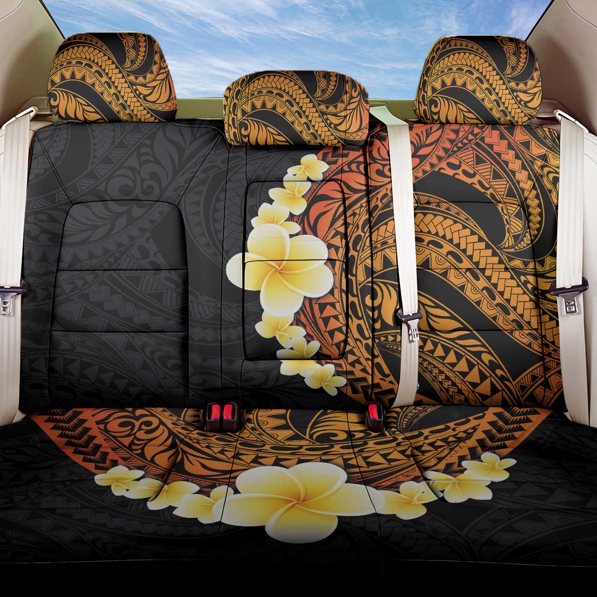 Hawaiian Tropical Plumeria Art Polynesian Tattoo Back Car Seat Cover Black and Autumn Color Theme