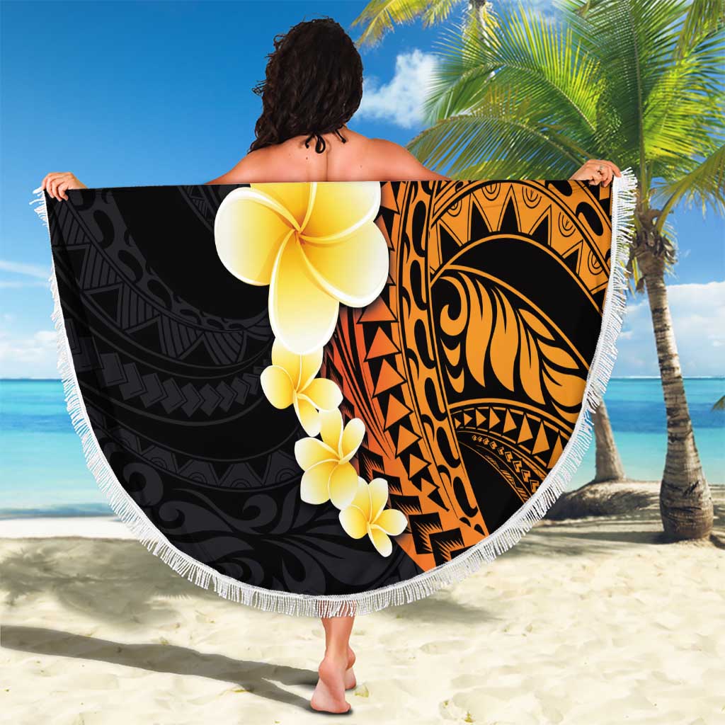 Hawaiian Tropical Plumeria Art Polynesian Tattoo Beach Blanket Black and Autumn Color Theme