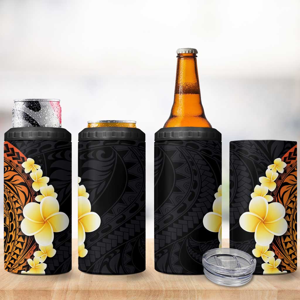 Hawaiian Tropical Plumeria Art Polynesian Tattoo 4 in 1 Can Cooler Tumbler Black and Autumn Color Theme