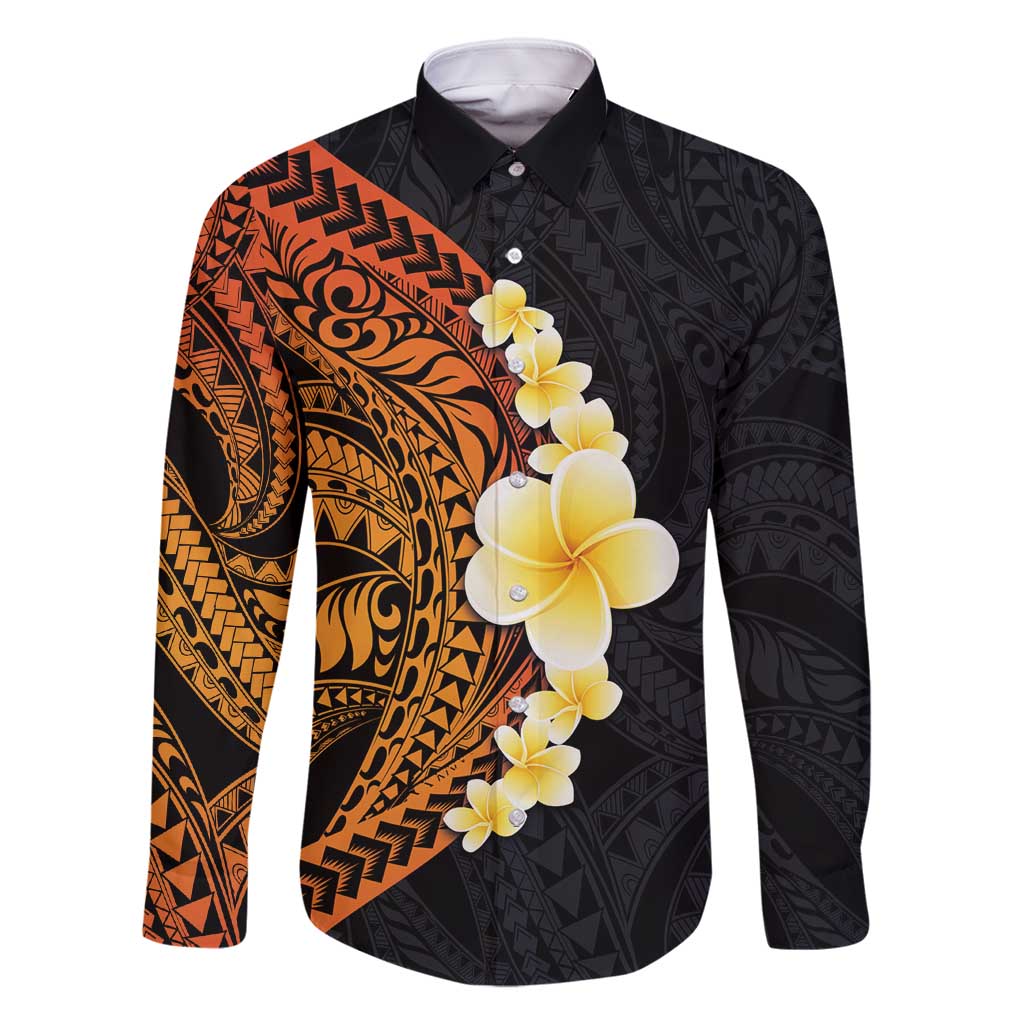 Hawaiian Tropical Plumeria Art Polynesian Tattoo Family Matching Long Sleeve Bodycon Dress and Hawaiian Shirt Black and Autumn Color Theme