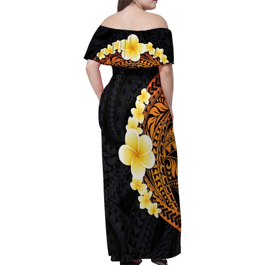 Hawaiian Tropical Plumeria Art Polynesian Tattoo Family Matching Off Shoulder Maxi Dress and Hawaiian Shirt Black and Autumn Color Theme