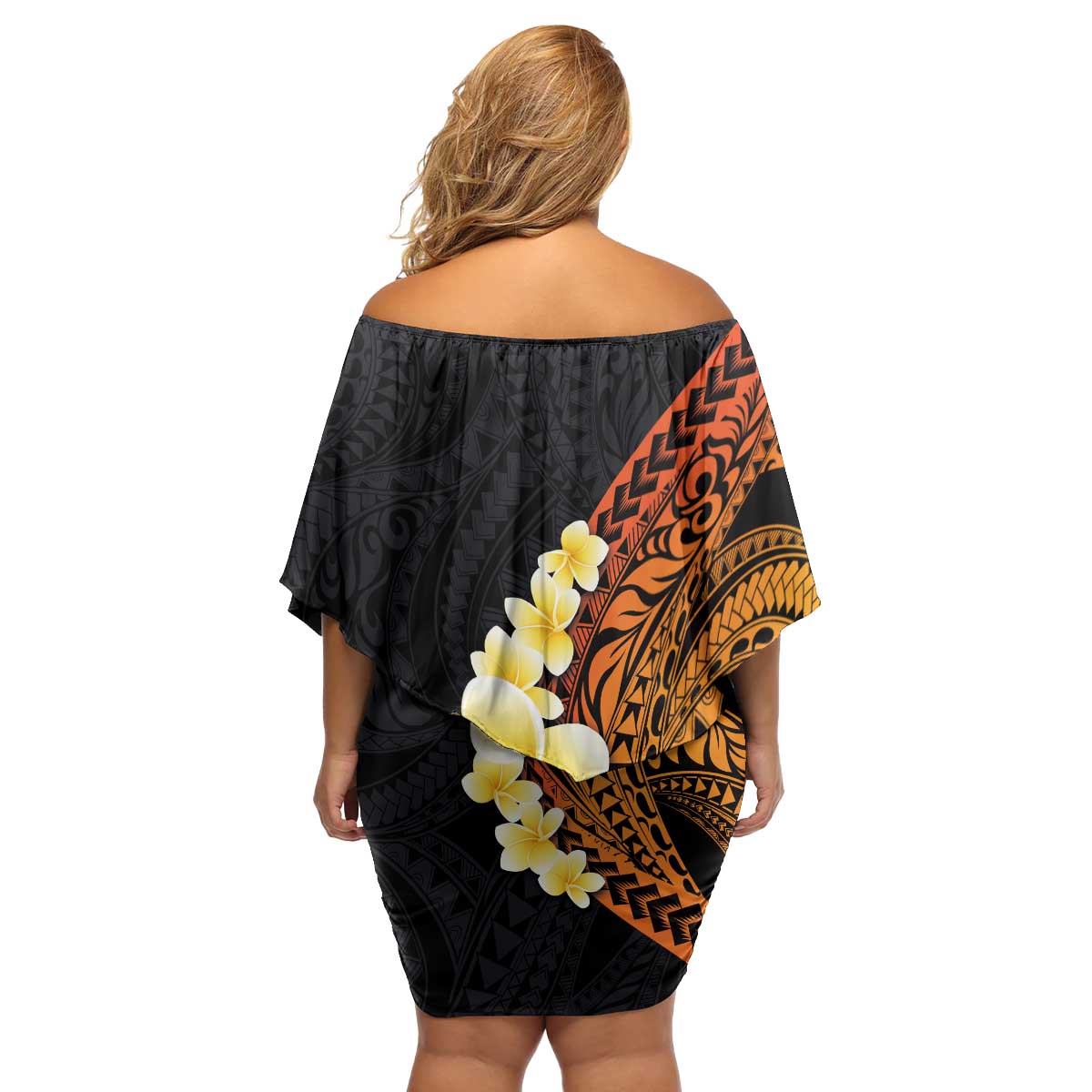 Hawaiian Tropical Plumeria Art Polynesian Tattoo Family Matching Off Shoulder Short Dress and Hawaiian Shirt Black and Autumn Color Theme