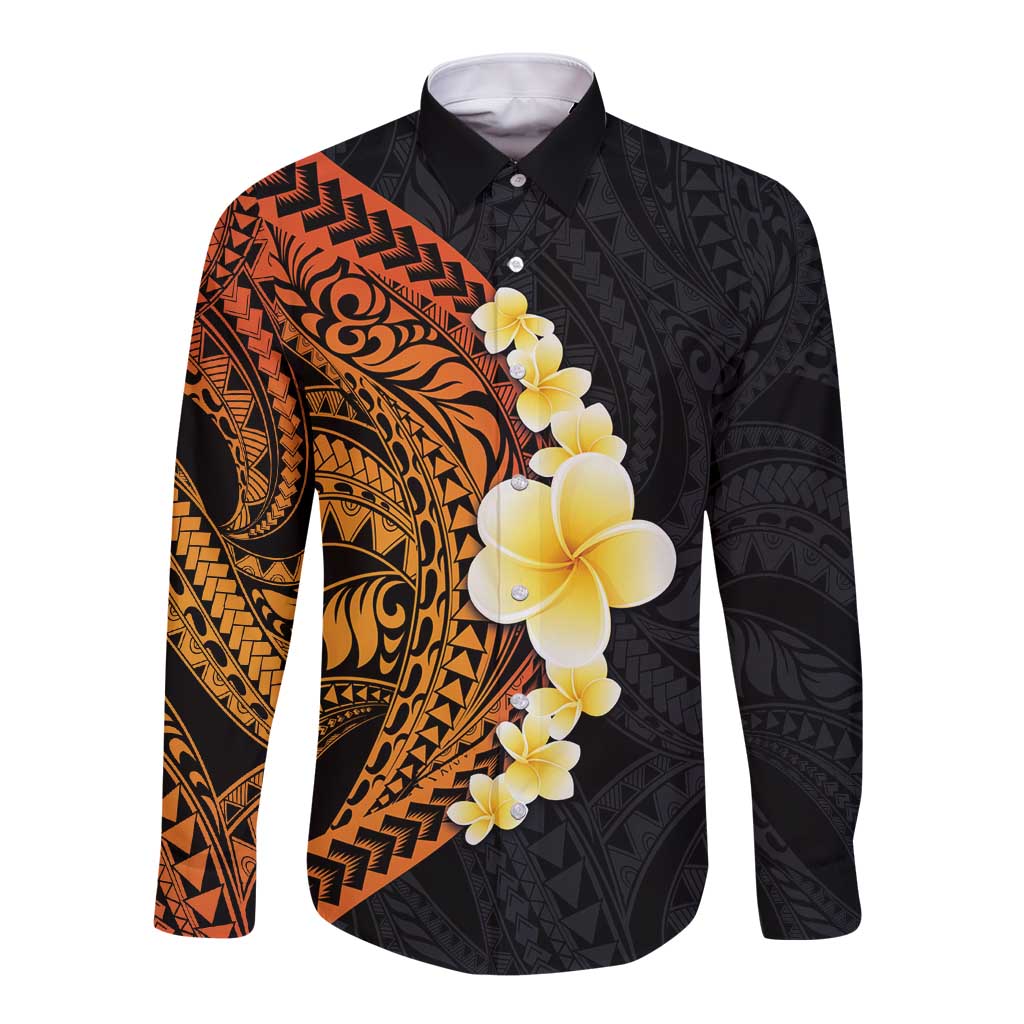 Hawaiian Tropical Plumeria Art Polynesian Tattoo Long Sleeve Button Shirt Black and Autumn Color Theme LT03 Unisex Orange - Polynesian Pride