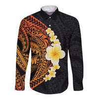 Hawaiian Tropical Plumeria Art Polynesian Tattoo Long Sleeve Button Shirt Black and Autumn Color Theme LT03 Unisex Orange - Polynesian Pride