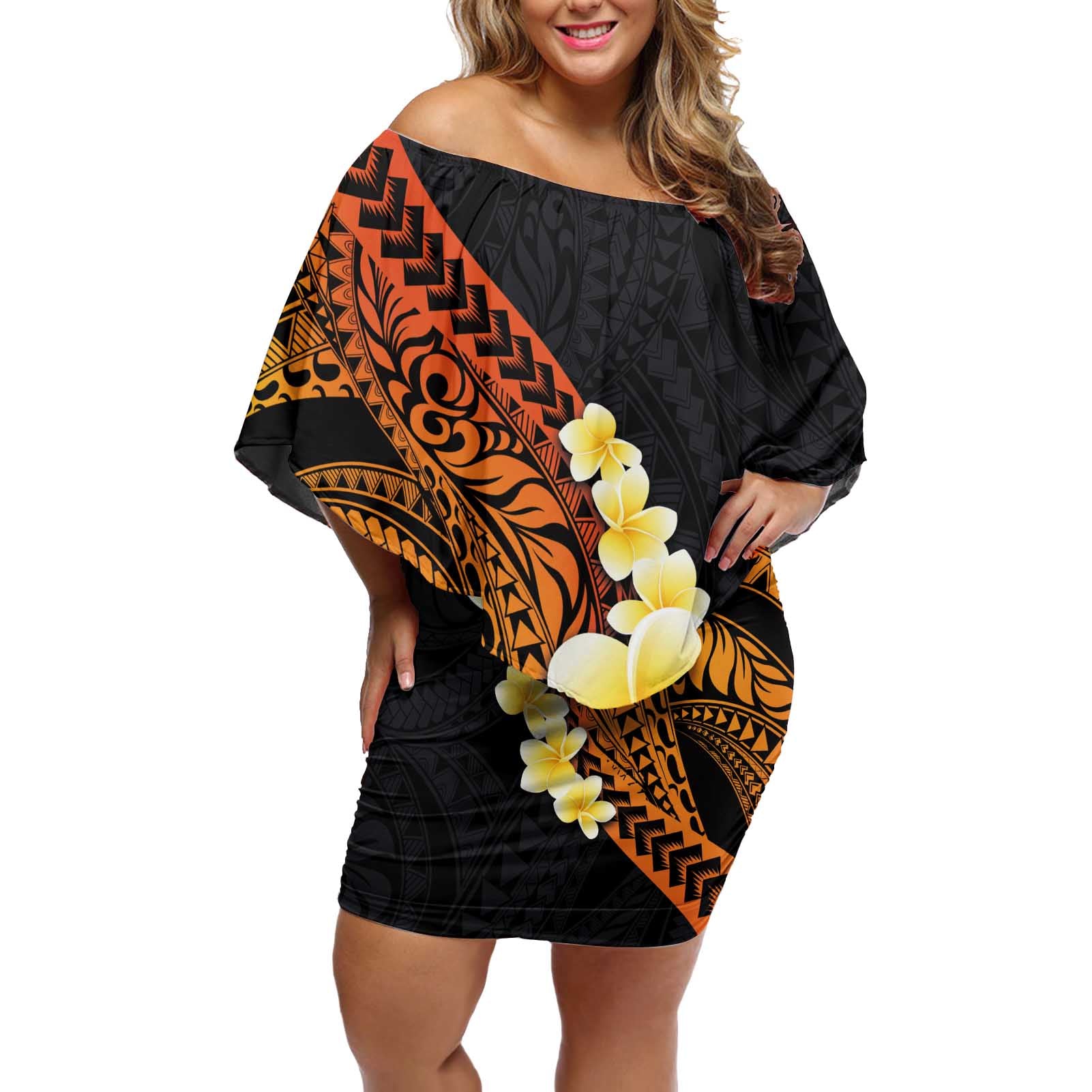 Hawaiian Tropical Plumeria Art Polynesian Tattoo Off Shoulder Short Dress Black and Autumn Color Theme