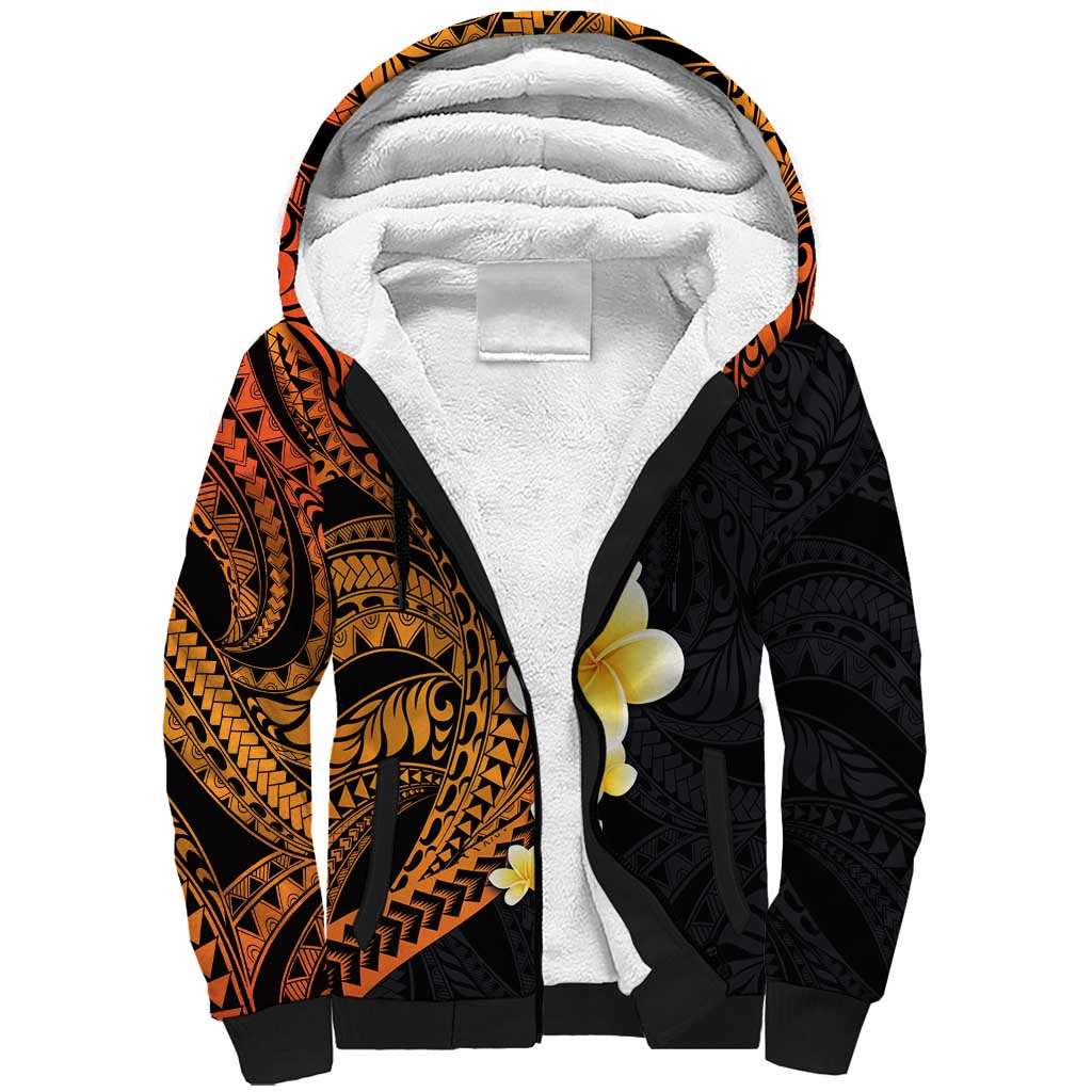 Hawaiian Tropical Plumeria Art Polynesian Tattoo Sherpa Hoodie Black and Autumn Color Theme