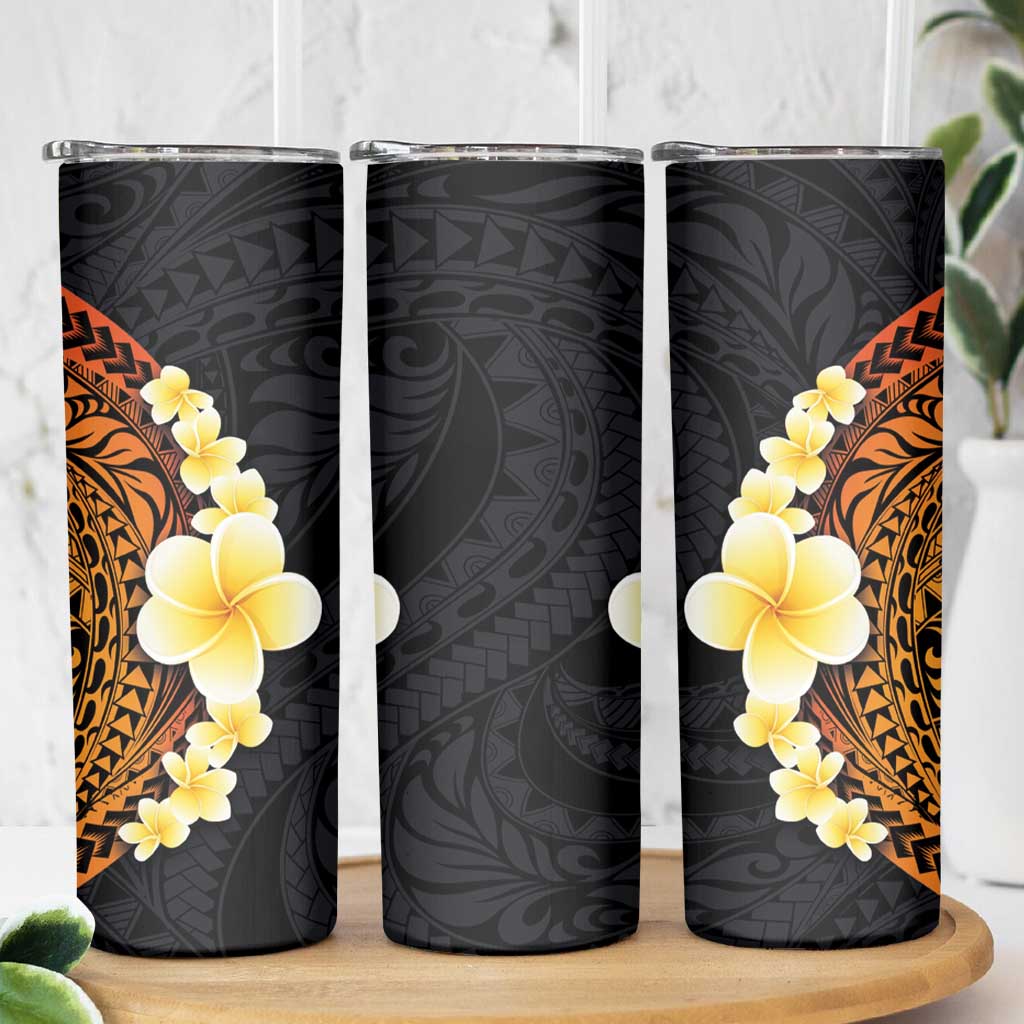 Hawaiian Tropical Plumeria Art Polynesian Tattoo Skinny Tumbler Black and Autumn Color Theme