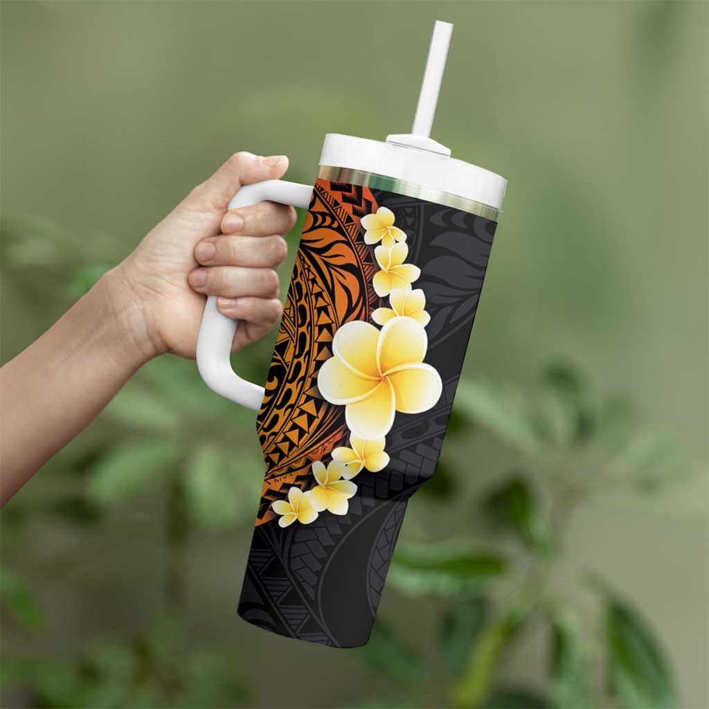 Hawaiian Tropical Plumeria Art Polynesian Tattoo Tumbler With Handle Black and Autumn Color Theme