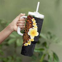 Hawaiian Tropical Plumeria Art Polynesian Tattoo Tumbler With Handle Black and Autumn Color Theme