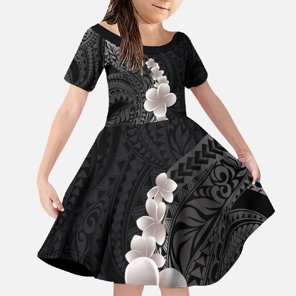Hawaiian Tropical Plumeria Art Polynesian Tattoo Family Matching Short Sleeve Bodycon Dress and Hawaiian Shirt Grayscale Color