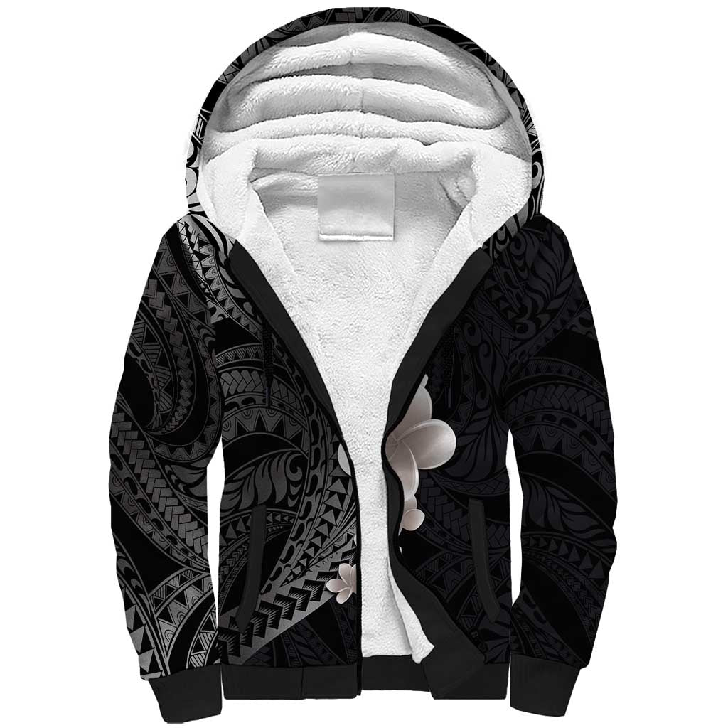 Hawaiian Tropical Plumeria Art Polynesian Tattoo Sherpa Hoodie Grayscale Color