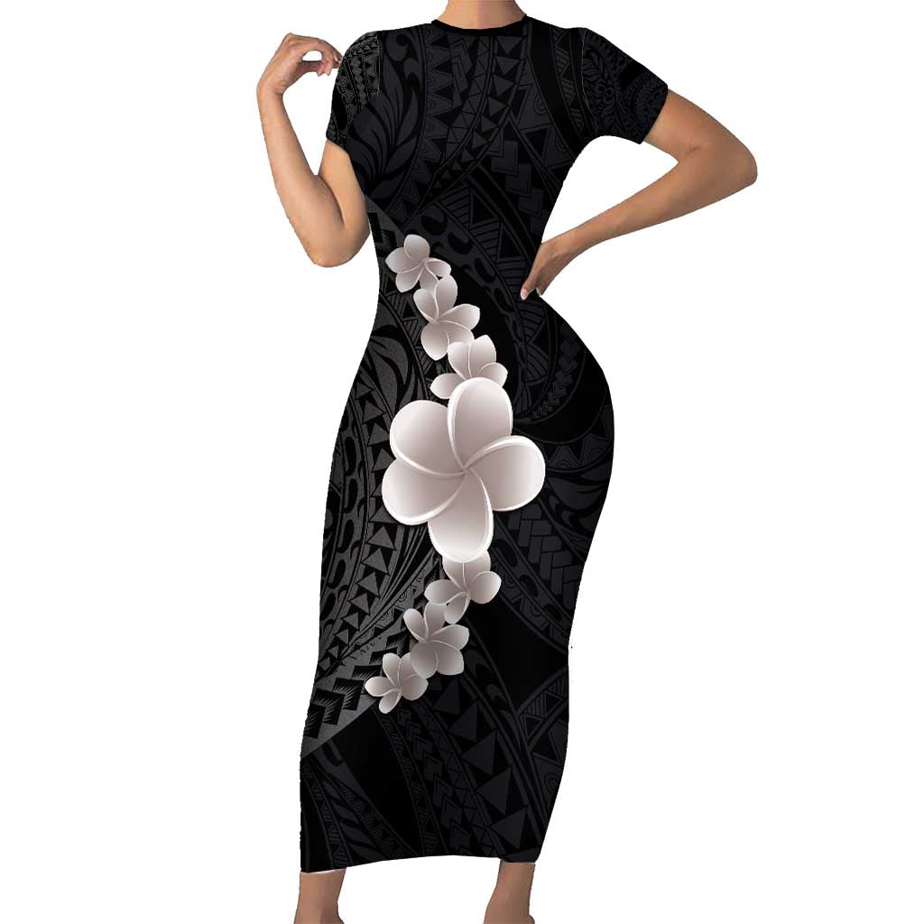 Hawaiian Tropical Plumeria Art Polynesian Tattoo Short Sleeve Bodycon Dress Grayscale Color LT03 Long Dress Black - Polynesian Pride