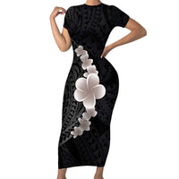 Hawaiian Tropical Plumeria Art Polynesian Tattoo Short Sleeve Bodycon Dress Grayscale Color LT03 Long Dress Black - Polynesian Pride