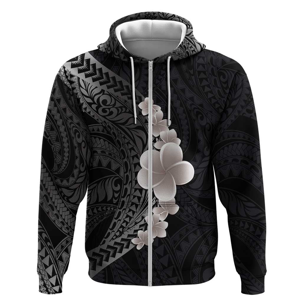 Hawaiian Tropical Plumeria Art Polynesian Tattoo Zip Hoodie Grayscale Color LT03 Zip Hoodie Black - Polynesian Pride