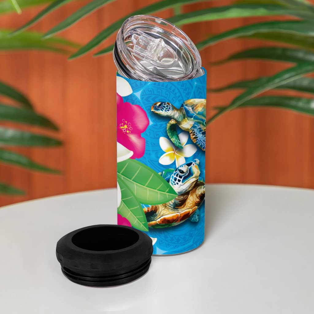 Hawaiian Tropical Flower and Honu Under Blue Water 4 in 1 Can Cooler Tumbler