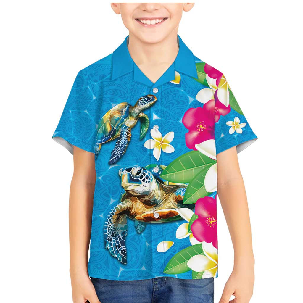 Hawaiian Tropical Flower and Honu Under Blue Water Family Matching Mermaid Dress and Hawaiian Shirt