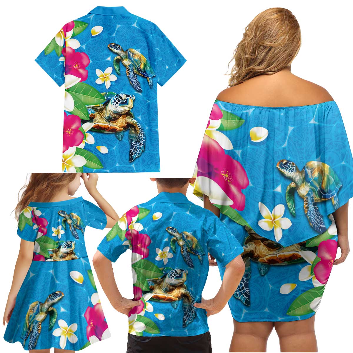 Hawaiian Tropical Flower and Honu Under Blue Water Family Matching Off Shoulder Short Dress and Hawaiian Shirt