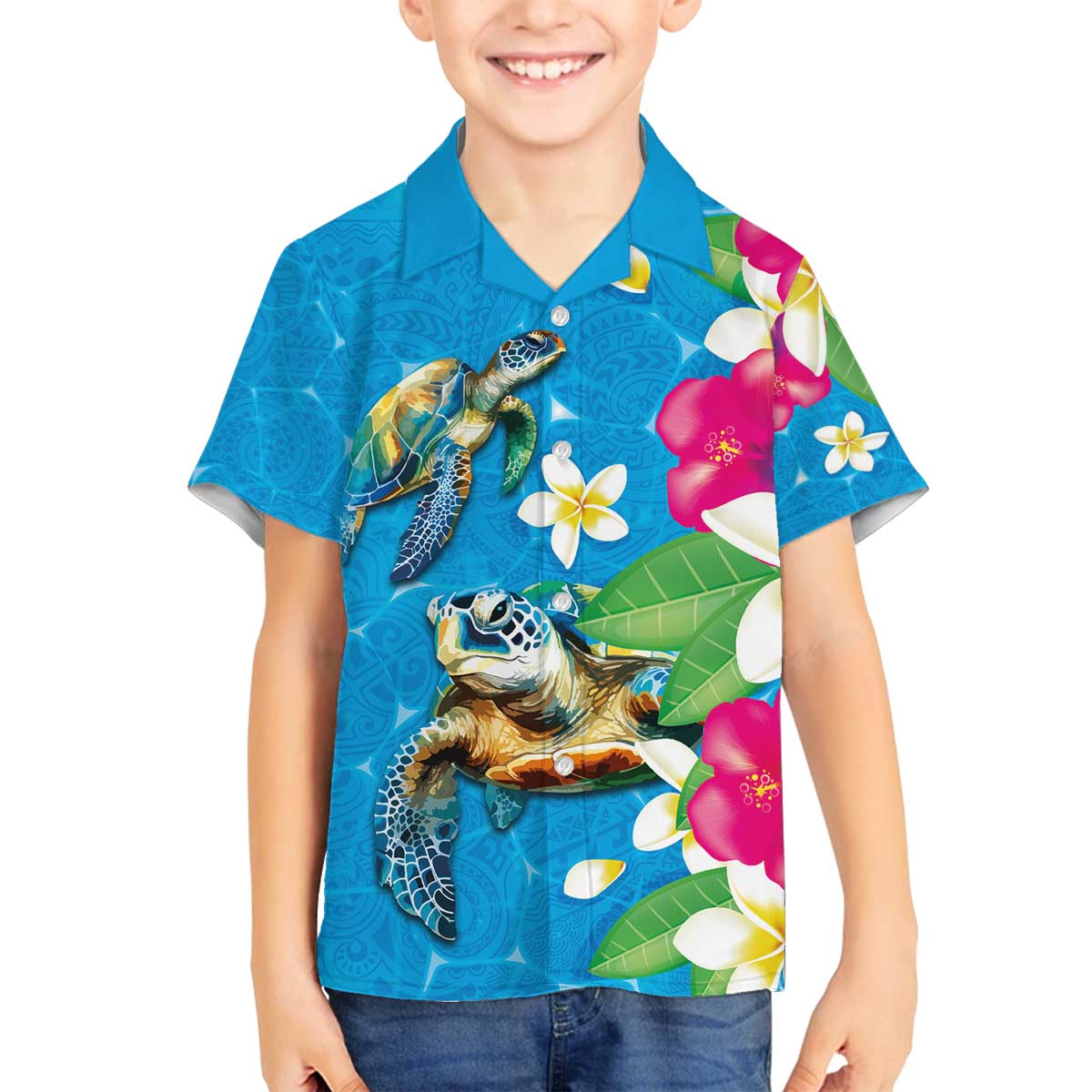 Hawaiian Tropical Flower and Honu Under Blue Water Family Matching Off Shoulder Short Dress and Hawaiian Shirt