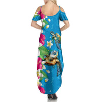 Hawaiian Tropical Flower and Honu Under Blue Water Family Matching Summer Maxi Dress and Hawaiian Shirt