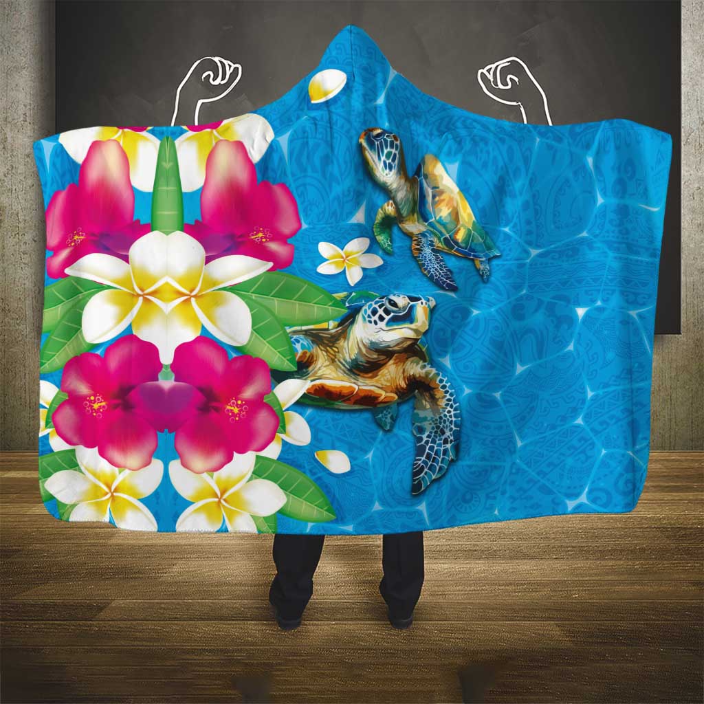 Hawaiian Tropical Flower and Honu Under Blue Water Hooded Blanket
