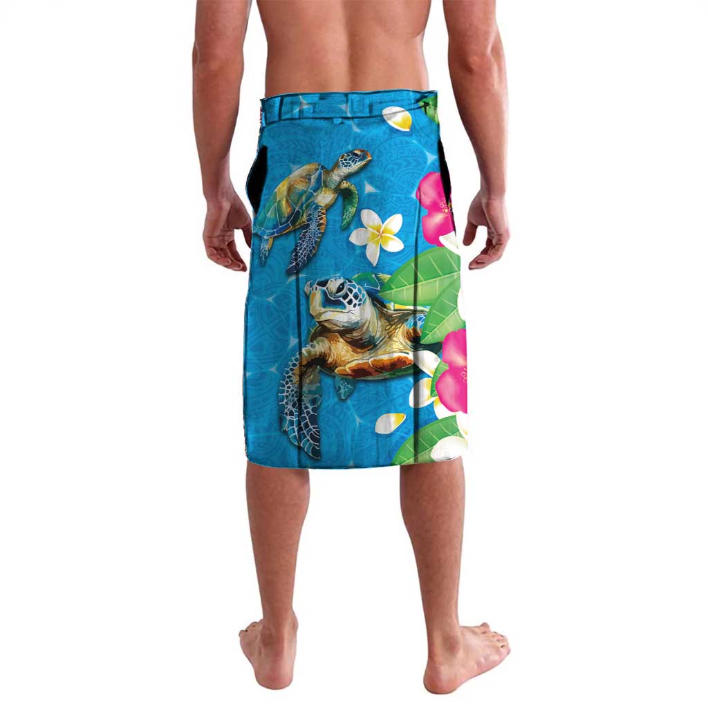 Hawaiian Tropical Flower and Honu Under Blue Water Lavalava