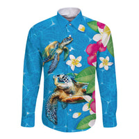 Hawaiian Tropical Flower and Honu Under Blue Water Long Sleeve Button Shirt LT03 Unisex Blue - Polynesian Pride