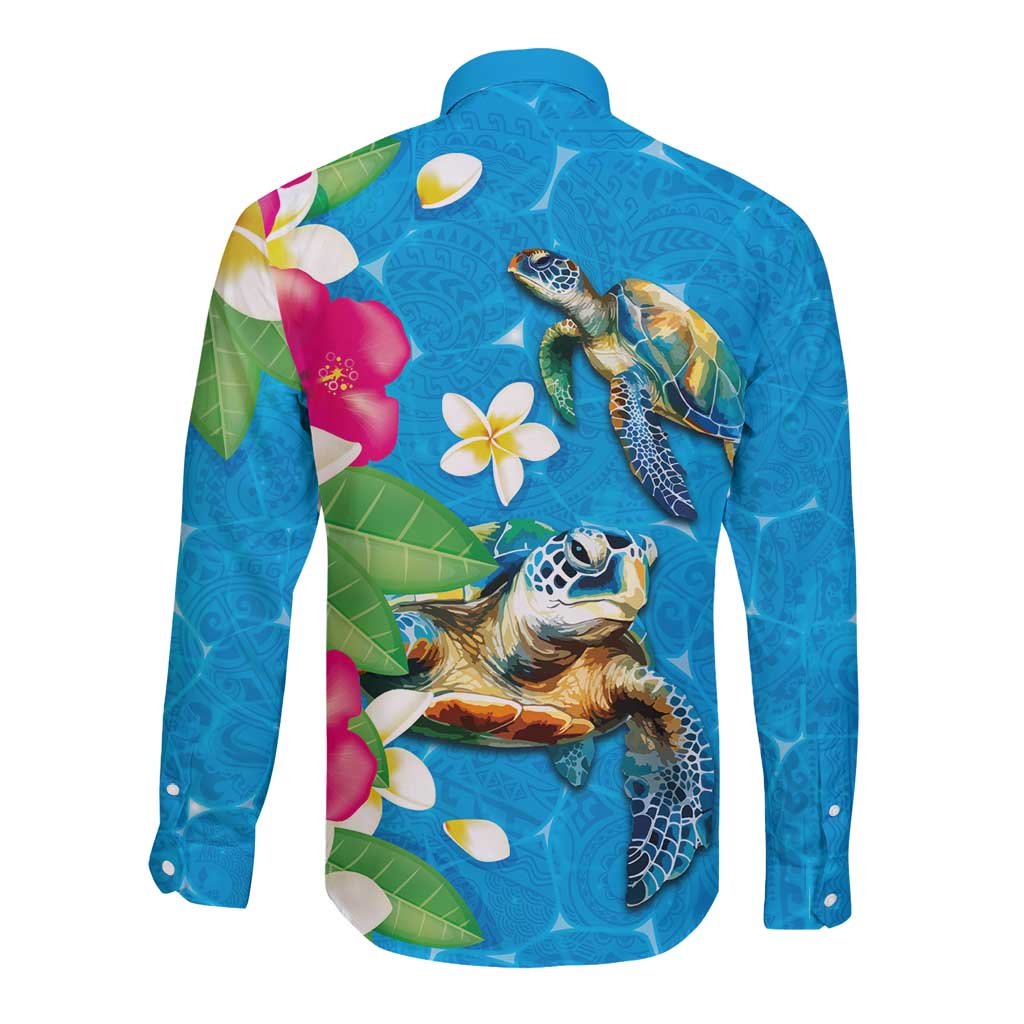 Hawaiian Tropical Flower and Honu Under Blue Water Long Sleeve Button Shirt LT03 - Polynesian Pride