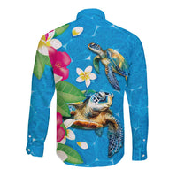 Hawaiian Tropical Flower and Honu Under Blue Water Long Sleeve Button Shirt LT03 - Polynesian Pride