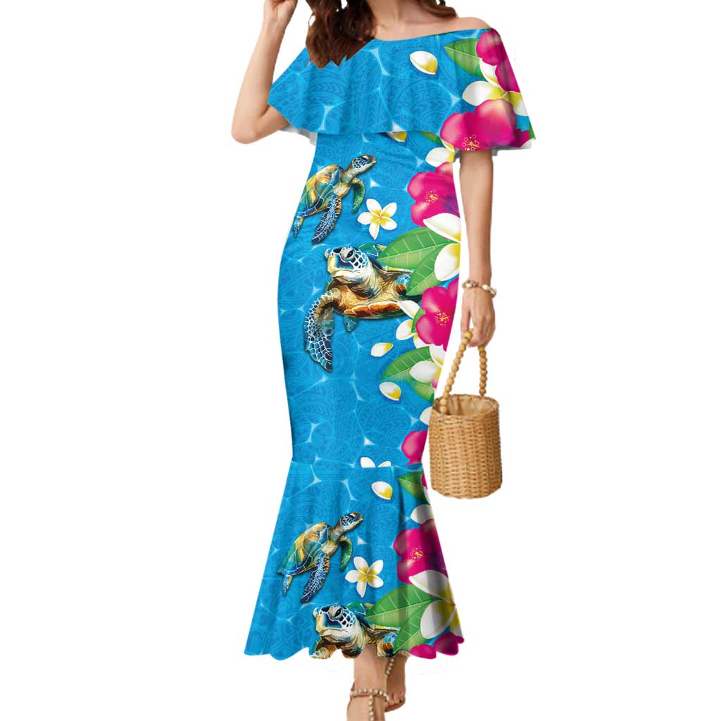 Hawaiian Tropical Flower and Honu Under Blue Water Mermaid Dress