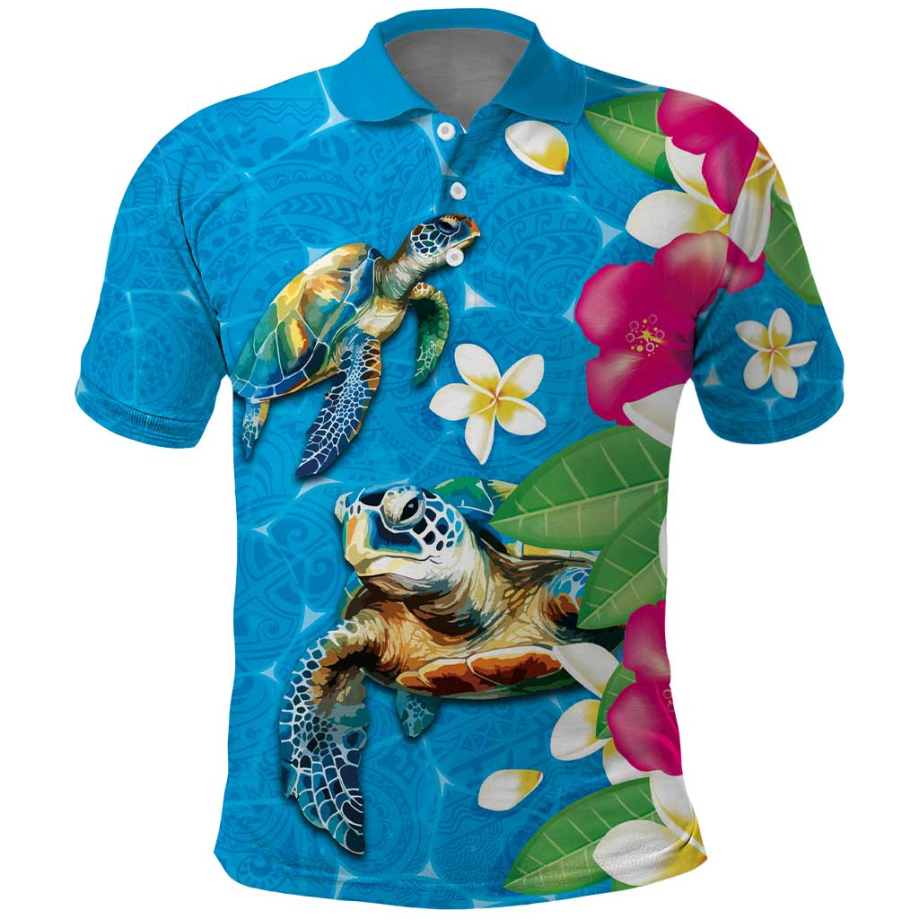 Hawaiian Tropical Flower and Honu Under Blue Water Polo Shirt - LT03 Blue - Polynesian Pride