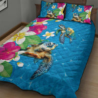 Hawaiian Tropical Flower and Honu Under Blue Water Quilt Bed Set