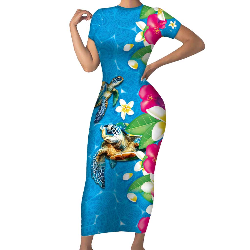 Hawaiian Tropical Flower and Honu Under Blue Water Short Sleeve Bodycon Dress