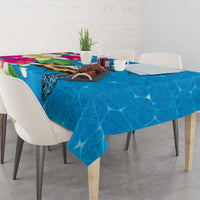 Hawaiian Tropical Flower and Honu Under Blue Water Tablecloth