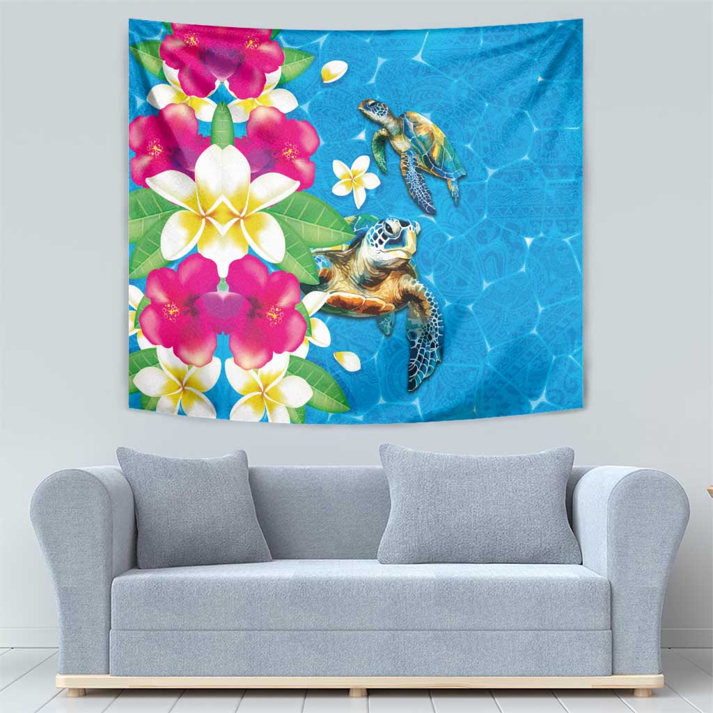 Hawaiian Tropical Flower and Honu Under Blue Water Tapestry