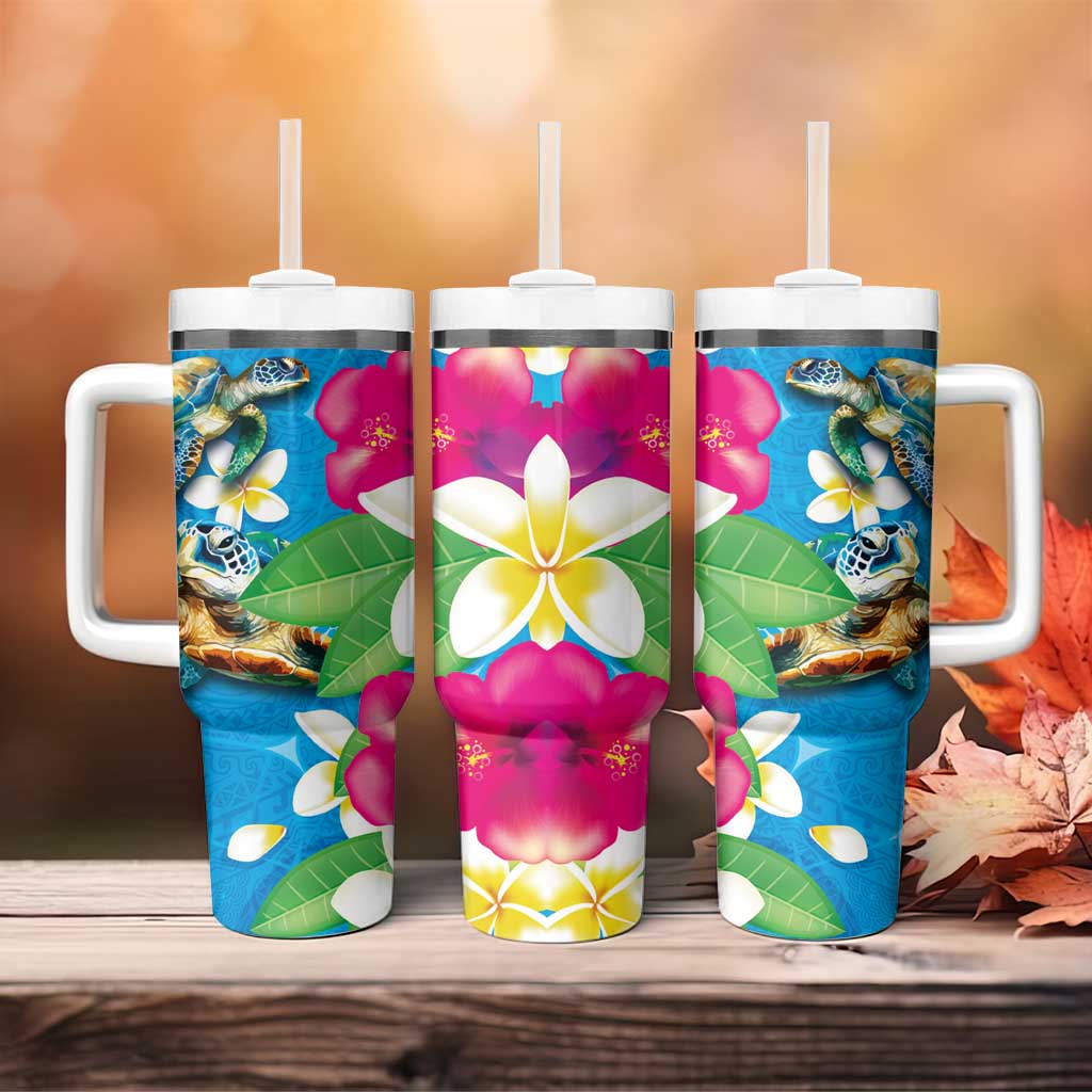 Hawaiian Tropical Flower and Honu Under Blue Water Tumbler With Handle