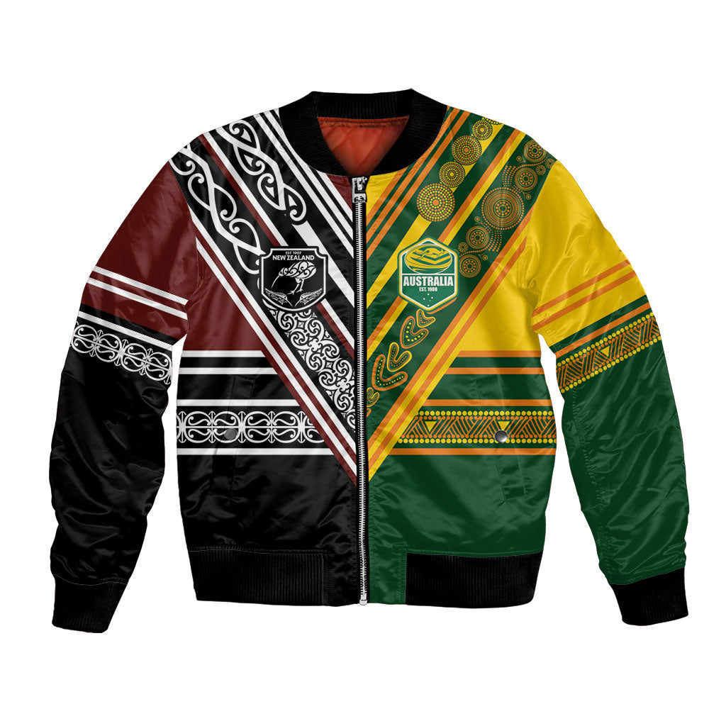 Custom Rugby New Zealand and Australia Bomber Jacket Burgundy Koru Geometric with Aboriginal Chevron Sport Style LT03 Unisex Multicolor - Polynesian Pride