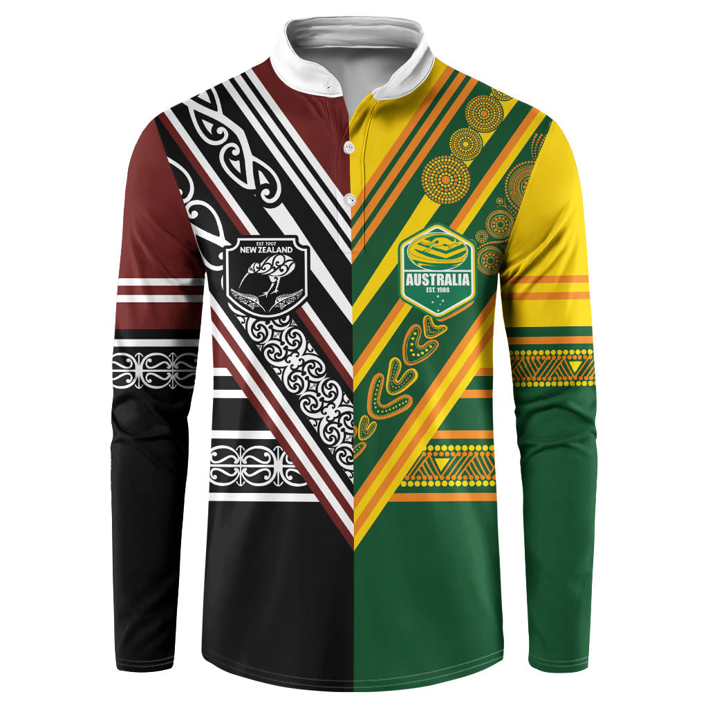 Custom Rugby New Zealand and Australia Button Sweatshirt Burgundy Koru Geometric with Aboriginal Chevron Sport Style LT03 Multicolor - Polynesian Pride