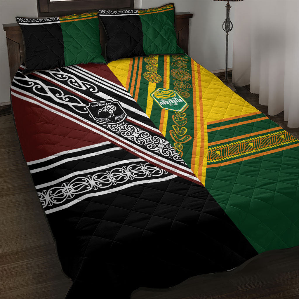 Rugby New Zealand and Australia Quilt Bed Set Burgundy Koru Geometric with Aboriginal Chevron Sport Style LT03 Multicolor - Polynesian Pride
