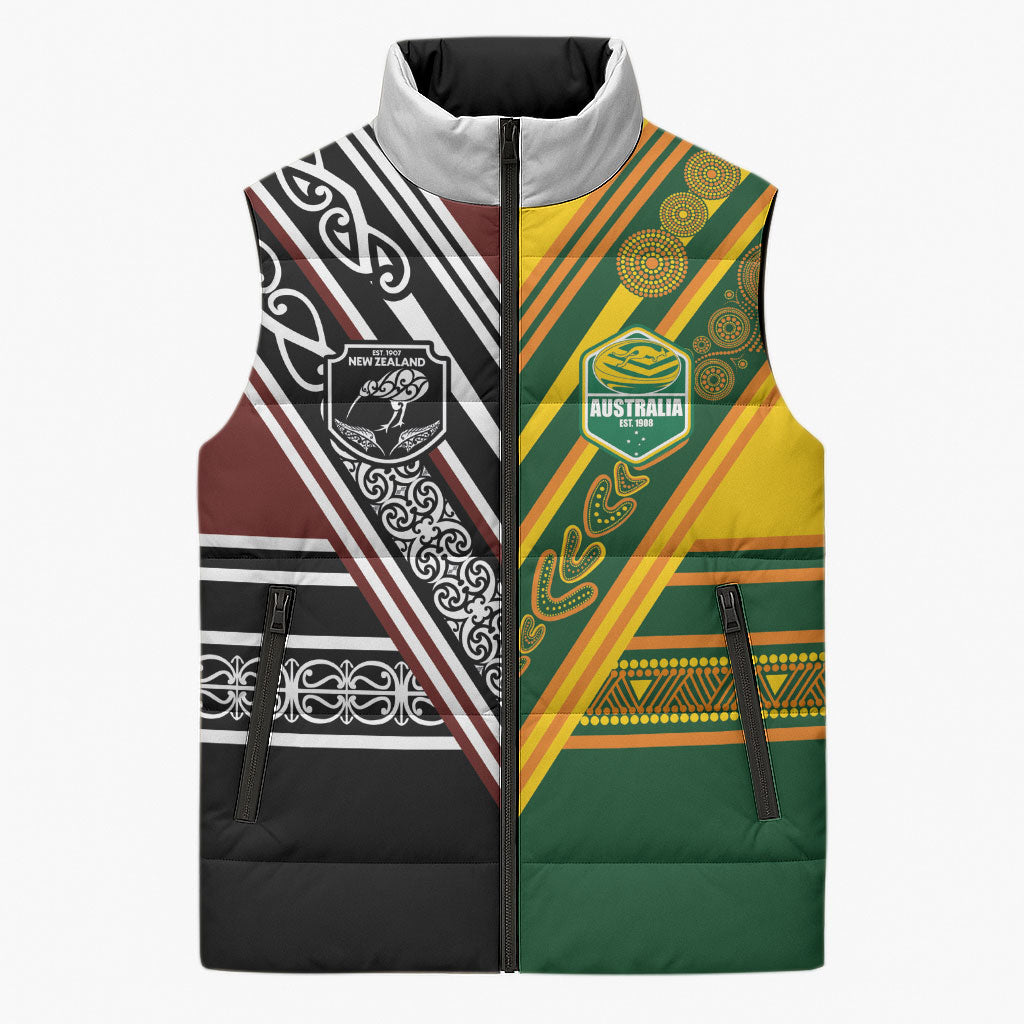Custom Rugby New Zealand and Australia Sleeveless Puffer Jacket Burgundy Koru Geometric with Aboriginal Chevron Sport Style LT03 Unisex Multicolor - Polynesian Pride