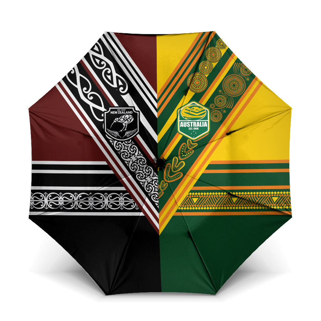 Rugby New Zealand and Australia Umbrella Burgundy Koru Geometric with Aboriginal Chevron Sport Style LT03 One Size Folded 11.42 inch Opened Diameter 37.4 inch Multicolor - Polynesian Pride